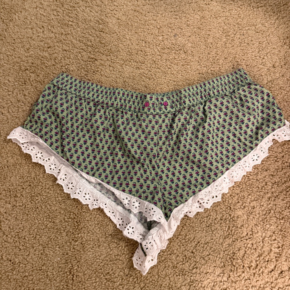 Anthropologie Green Floral-Print Lace-Trim Lounge Shorts